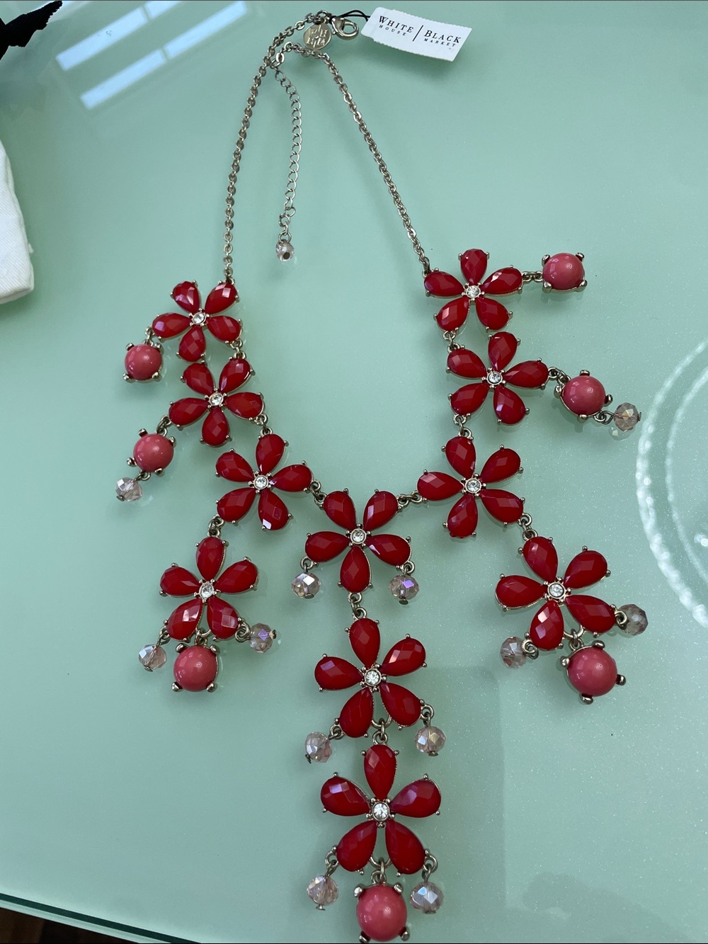 White House Black Market Red and Pink Floral Bib Necklace